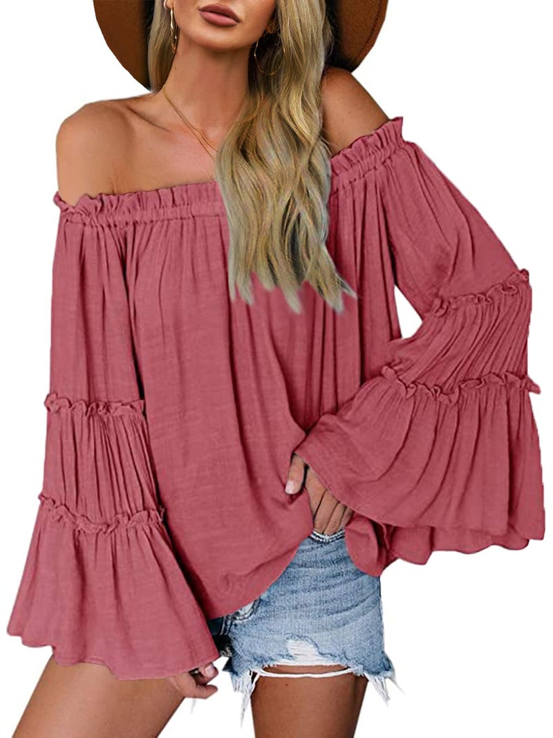 Farktop Womens Off The Shoulder Long Bell Sleeve Tops Flared Casual Loose Blouse (Navy Pink, Medium) - Image 1